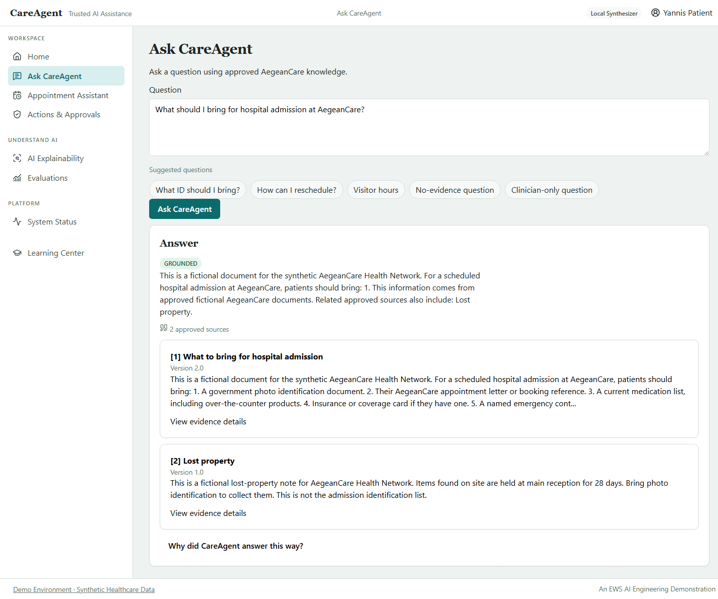 Ask CareAgent returning a grounded answer with approved sources